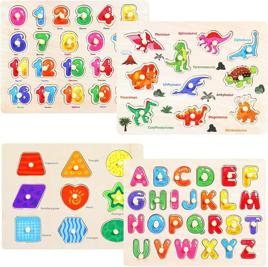 Montessori Wooden Peg Puzzles for Toddlers 3 4 5 Year Old, 4 Pcs Kids Educational Toys Preschool Learning Activities-Alphabet, Shape, Number and Dinosaur, Baby Puzzle Gifts for Boys Girls