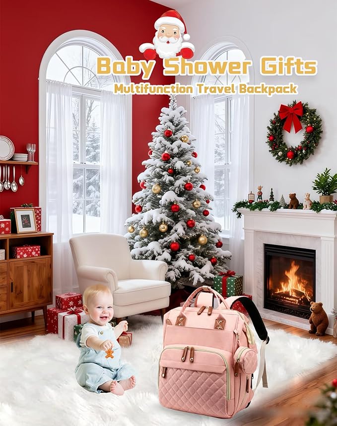 Diaper Bag with Changing Station, Waterproof 3 in 1 Baby Diaper Backpack with Foldable Changing Pad, Large Travel Back Pack for Baby Girl Boy, Peach Pink