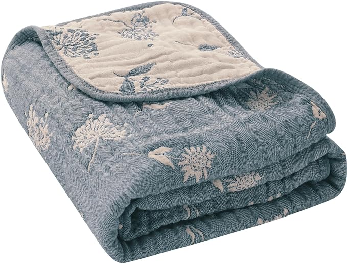 6-Layer Muslin Baby Blanket - Made with Organic Cotton, Earthy Botanicals Jacquard Swaddle & Crib Quilt, 43" x 43" (Navy Blue Floral)