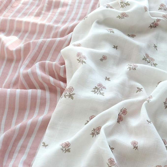 LifeTree Baby Swaddle Blankets, Boys Girls Muslin Swaddling Wrap Receiving Blanket for Newborn, 70% Viscose from Bamboo and 30% Cotton, Large 47" x 47", Pink Floral and Stripe