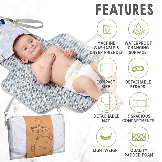 KeaBabies Diaper Bag Backpack with Portable Diaper Changing Pad - Waterproof Multi Function Baby Travel Bags - Grey PVC Changing Mat