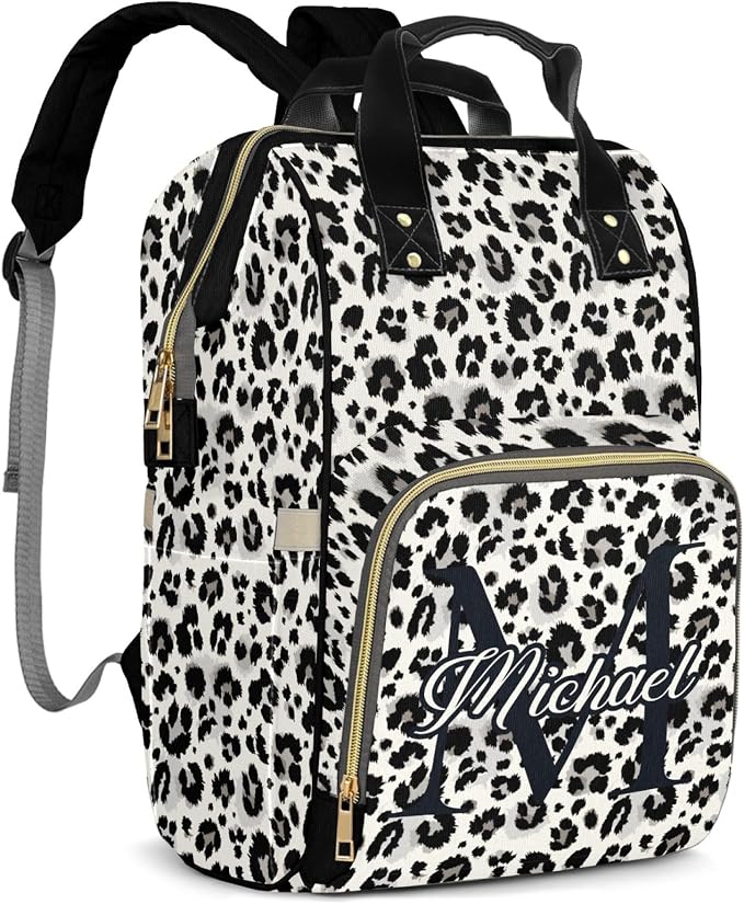 Personalized Diaper Changing Backpack - Upgraded Large Capacity with Insulated Pockets - Baby Bag for Girls, White Leopard