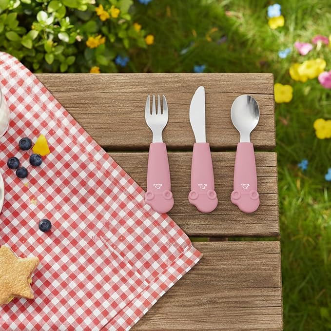 Stainless Steel Silverware Set – Silicone Handle Fork, Spoon & Knife – BPA-Free, Self-Feeding Toddler Utensils | Car Design (Pink Candy)