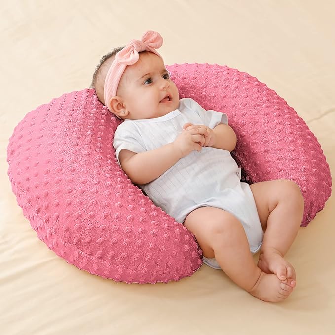 Nursing Pillow and Positioner, Breastfeeding, Bottle Feeding, Baby Sitting Support with Removable Ultra Soft Cover, Tummy Time Support for Baby Boys and Girls (StrawberryRed)