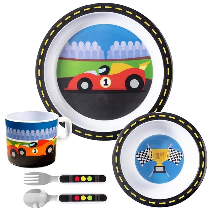 Bentology 5 Pc Mealtime Set for Kids - Racecar Theme - Includes Raised Edge Plate & Bowl, Cup, Metal Fork & Spoon- Dishwasher Safe, BPA Free - Cute Durable Dish, Easy Self-Feeding - Gift for Toddlers