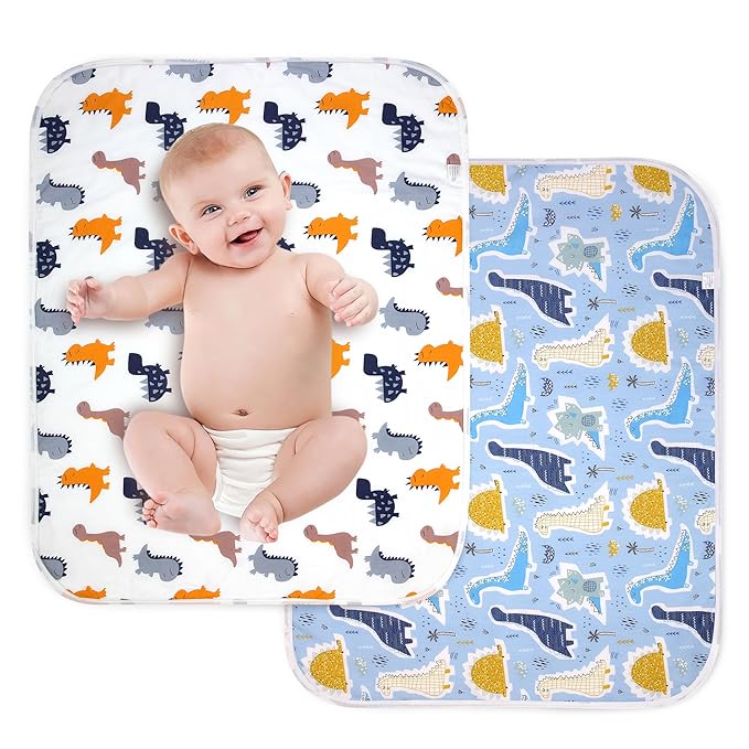 2 Pack Baby Changing Pad, Diaper Changing Mat for Dresser, Changing Table, Travel, 100% Cotton Surface, Breathable & Waterproof, Shower Gift for Newborn Boys, Extra Large 24" x 30", Dinosaur