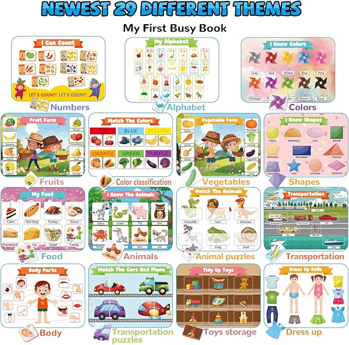 Huijing Toddler Activities Preschool Learning Busy Book - 29 Themes Binder Montessori Toys for Toddlers, Workbook Activity Autism Materials and Tracing Coloring