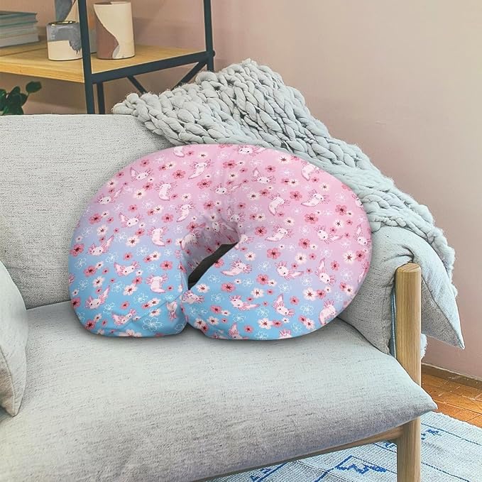 Axolotl Cherry Blossom Newborn Nursing Pillow Cover with Hidden Zipper Comfortable Stain Resistant Breastfeeding and Bottle Feeding Pillow Cover for Boys Girls