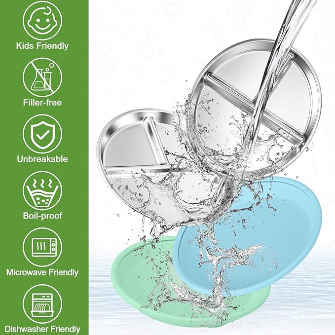 BUSOHA 3 Pack Stainless Steel Kids Plate with Suction - 8.1??Divided Toddler Baby Plates with Silicone Sleeves Non-Slip 2-in-1 Anti Breakage Metal Toddler Bowls Microwave Dishwasher Safe