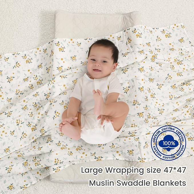 david's kids 4 Pack Baby Muslin Swaddle Blankets, 100% Cotton and Ultra Soft Breathable Receiving Blanket Wrap for Boys Girls, New Born Essentials, Large 47 x 47 inches, Leaf & Floral