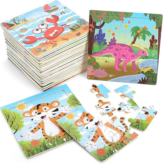 DEAYOU 24 Pack Puzzles for Kids Ages 3-5, 16 Pieces Wooden Animals Jigsaw Puzzles, Preschool Educational Learning Puzzles Toy for Boys and Girls, Children, Party Favors