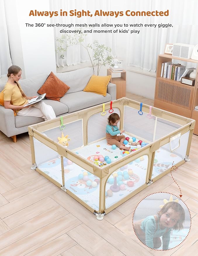 Dripex Baby Playpen with Mat, 71"x47" Play Pen for Toddlers 1-3 Years, Soft Breathable Visible Mesh, Indoor/Outdoor Portable Play Yard with Mat, Safe Baby Fence Play Area, Khaki