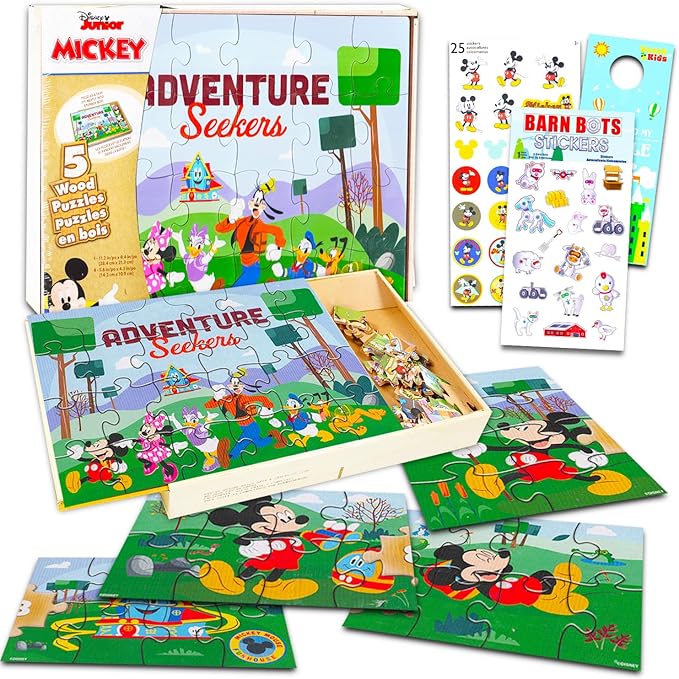 Mickey Mouse Wooden Puzzle 5 Pack - Wood Jigsaw Bundle with Holding Tray, Mickey Stickers and More | Disney Jigsaw Puzzle Toy for Kids Ages 3-5
