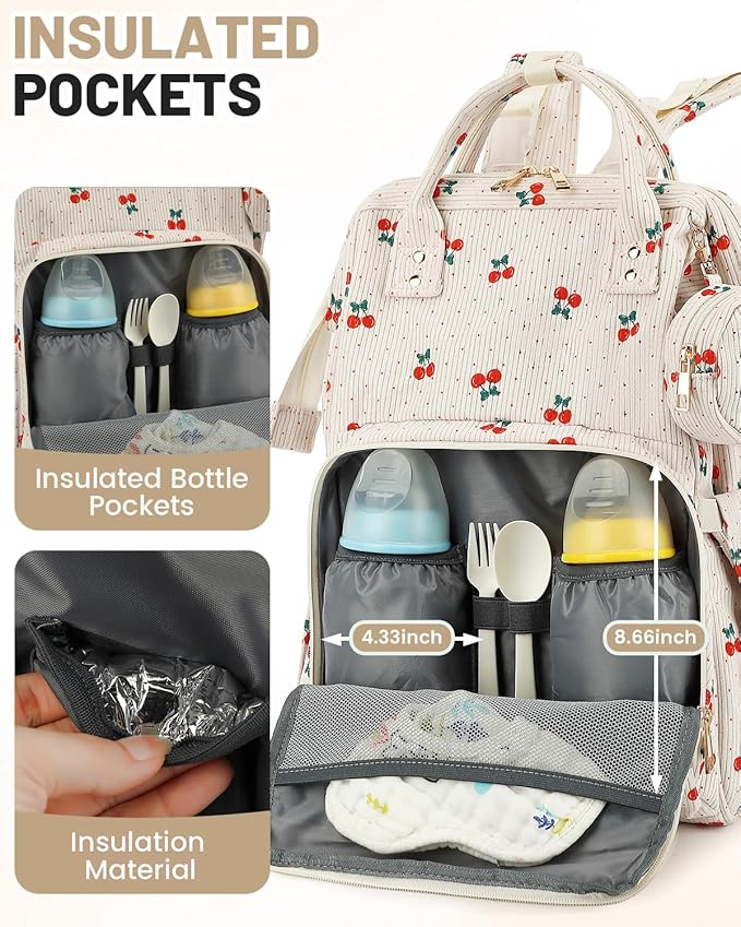 Corduroy Diaper Bag Backpack, Large Capacity Multifunction Baby Diaper Bags for Women, Insulated Bottle Pockets & Pacifier Case, Stylish Travel Nappy Changing Bags for Mom Dad (Cherry)