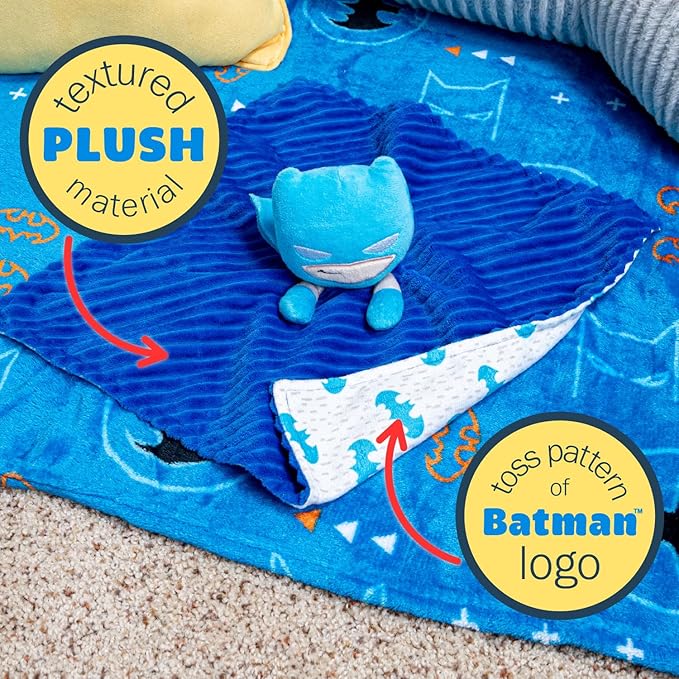 KIDS PREFERRED DC Comics The Batman Lovey Security Blanket, Soft Huggable Dark Knight Plush Lovey Toy for Baby and Infant Boys and Girls, Textured Blanket with Batman Logo