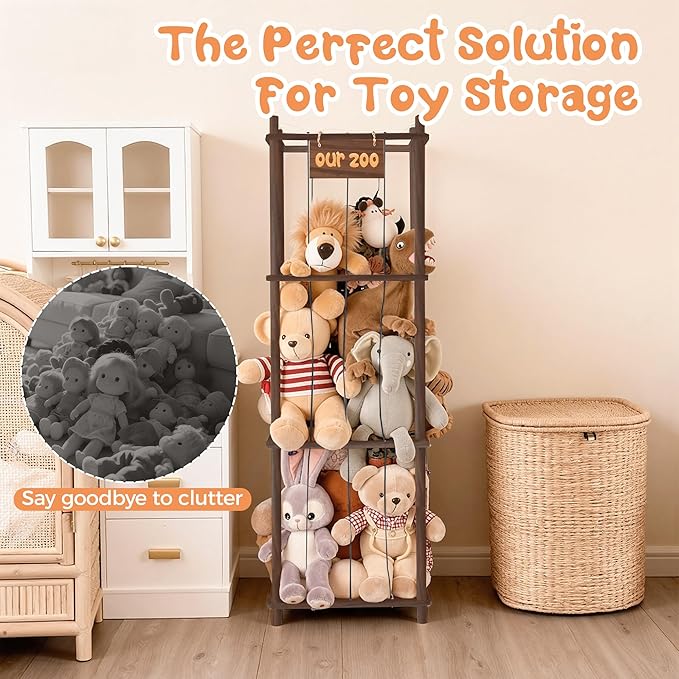 LAMU Stuffed Animal Storage, Wooden Zoo Stuffed Animal Holder with Elastic Cords, Space Save Toy Organizer, Extra Large Capacit Stuffed Animal Organizer for Playroom, Bedroom, Nursery,Brown