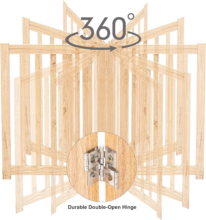LZRS 2-Panel Wooden Free Standing Foldable Dog Gate Indoor – Solid Hardwood 24" High, Step-Over Safety Pet Gate for Doorways, Stairs & Small Spaces - Indoor Use, Natural