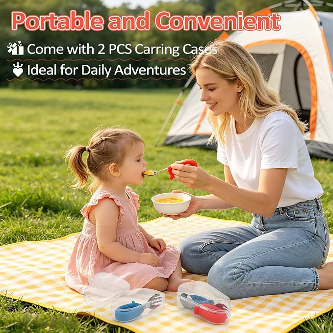 Toddler Utensils Set, 4PCS Stainless Steel Forks & Spoon with Silicone Handle, Self Feeding Training Baby Spoons, BPA-Free Anti-Choke, with 2 PCS Portable Travel Cases, Dishwasher Safe