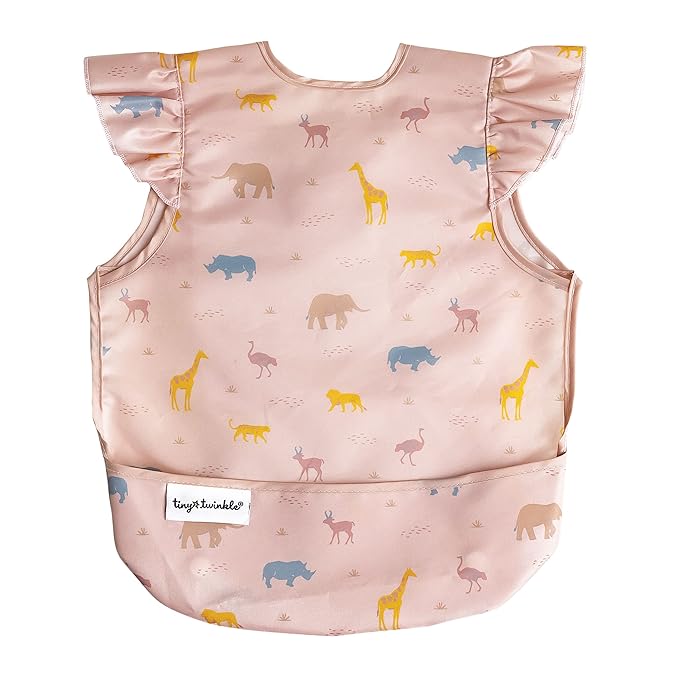 Tiny Twinkle Mess Proof Baby Bib for Girls | Waterproof Toddler Bib for Eating | Baby Apron for Feeding | Machine Washable | Perfect Shower Gift (Petite Safari, 6??4M)