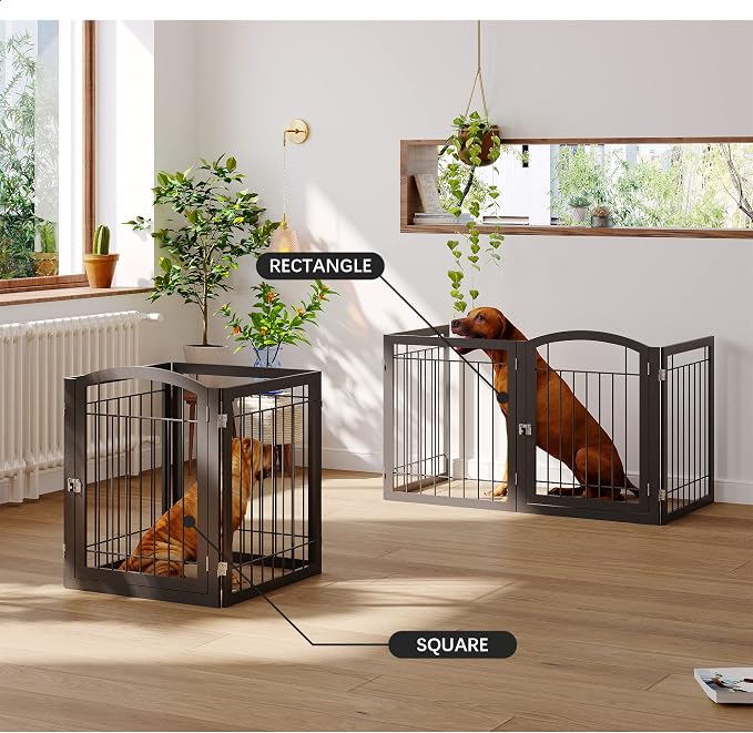 JSB 96-inch Extra Wide 30-inch Tall Dog gate with Door Walk Through, Freestanding Pet Gate for Halls, Stairs & Home, Pet Puppy Safety Dog Fence with 2PCS Support Feet (Black)