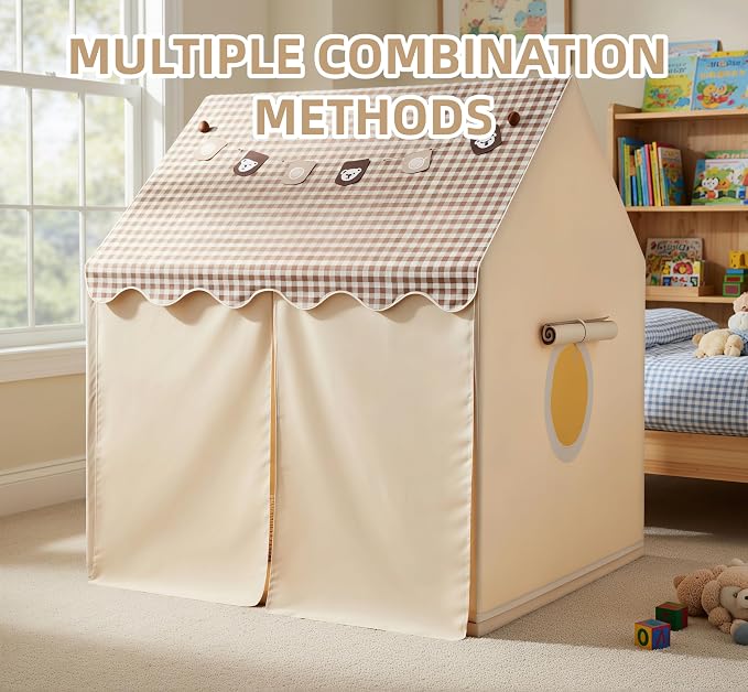 Kids Play Tent Indoor Outdoor Playhouse with Star Lights, Bunting Flags, Washable, Portable Carry Bag, Lattice Top, 47.2" x 39.3" x 52.2", Birthday Gift for Boys Girls