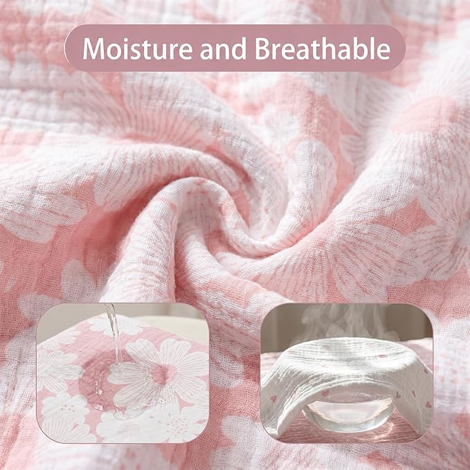 Muslin Swaddle Blankets for Newborn, 3-Pack Cotton Receiving Blankets, Large 40 x 38 inches, Baby Blankets for Boys and Girls, Wrap Burp Cloths, Pink Flower