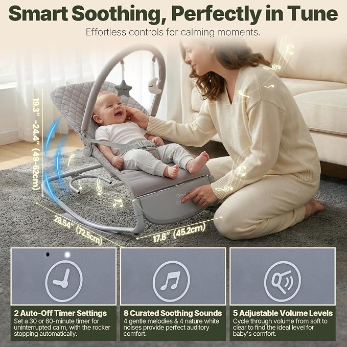 Orzbow Electric Baby Rocker & Toddler Chair, 3-Speed Auto-Rock, Up to 40lbs | Timer 30/60Min, 8 Soothing Melodies, 3 Recline Positions, 5 Volume Levels, Machine-Washable Cover, Battery or Plug-In Powered