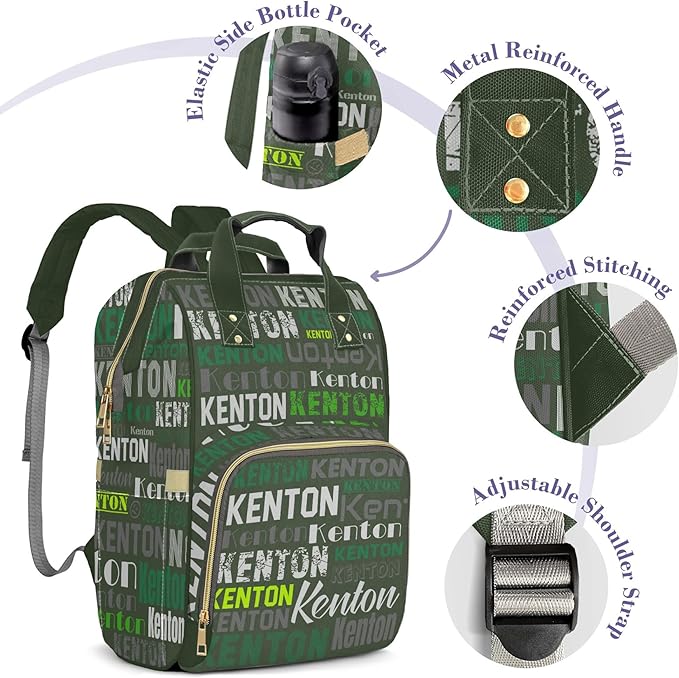 Custom Name Boy Baby Bags, Nylon Personalized Diaper Bag Backpack for Baby Boy Mom, Green, Large Capacity, Waterproof, Multifunctional, Adjustable Shoulder Straps
