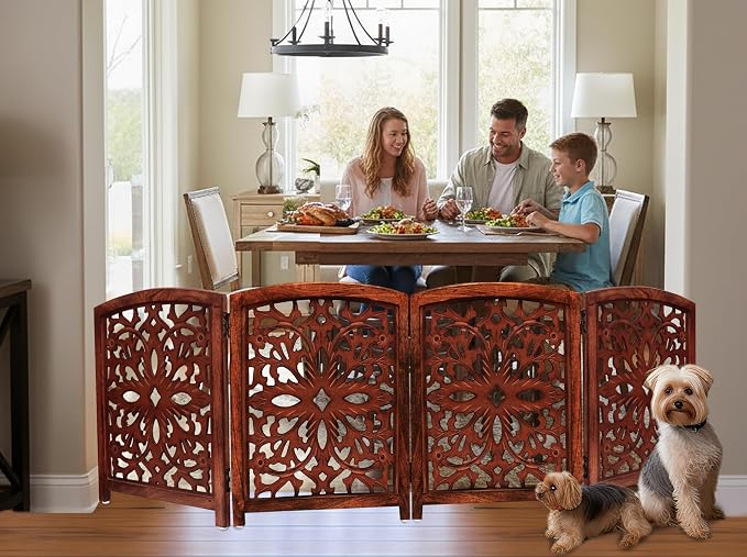 Croft&Cane Wooden Foldable Pet Dog Gate – Hand Carved 4-Panel Freestanding Dog Fence - 80W x 24H - Solid Wood & MDF Indoor Safety Barrier - Doorway Hallway & Stairs Portable Puppy Gate - Walnut Brown