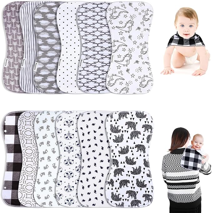 Baby Burp Cloths & Baby Bibs 2-in-1 Design Large Size 3 Layers Thicken Cotton Super Absorbent and Soft Baby Spit Up Burping Rags Baby Burp Cloth Set for Boys and Girls Solid 12 Pack