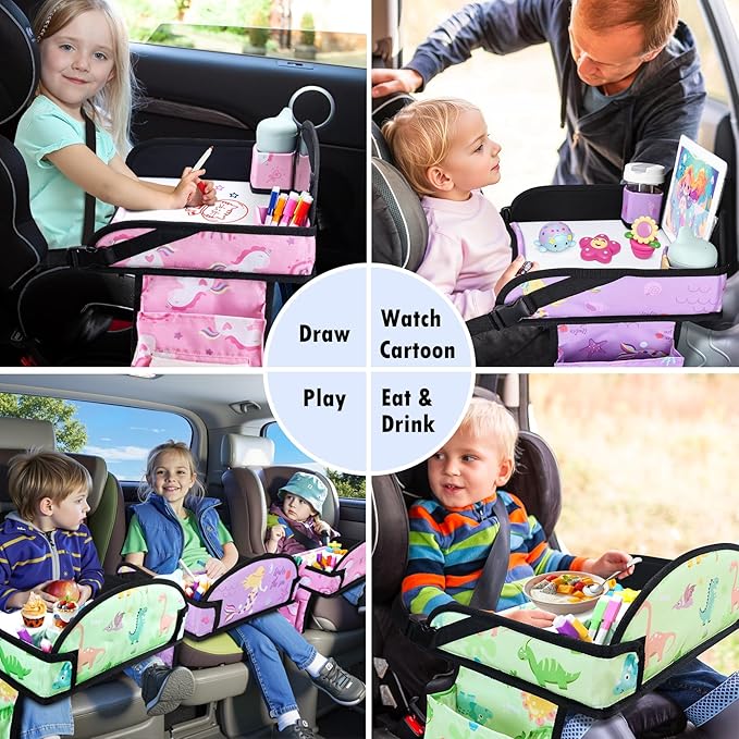 3PCS Kids Travel Tray for Airplane - Toddler Car Seat Table Tray, Road Trip Essentials for Boys & Girls, Carseat Lap Desk for Kids Road Trip Activities (Pink/Green-/Purple)