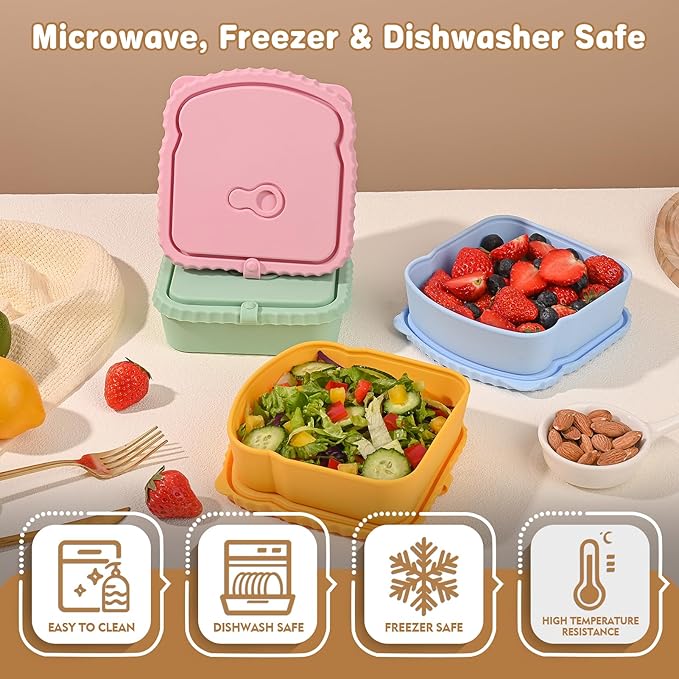 4 Pack Sandwich Containers, Silicone Snack Containers with Airtight Lids, Reusable Toast-Shaped Sandwich Box, BPA-Free, Dishwasher Safe, Food Storage Containers for Snacks & Fruits (B)