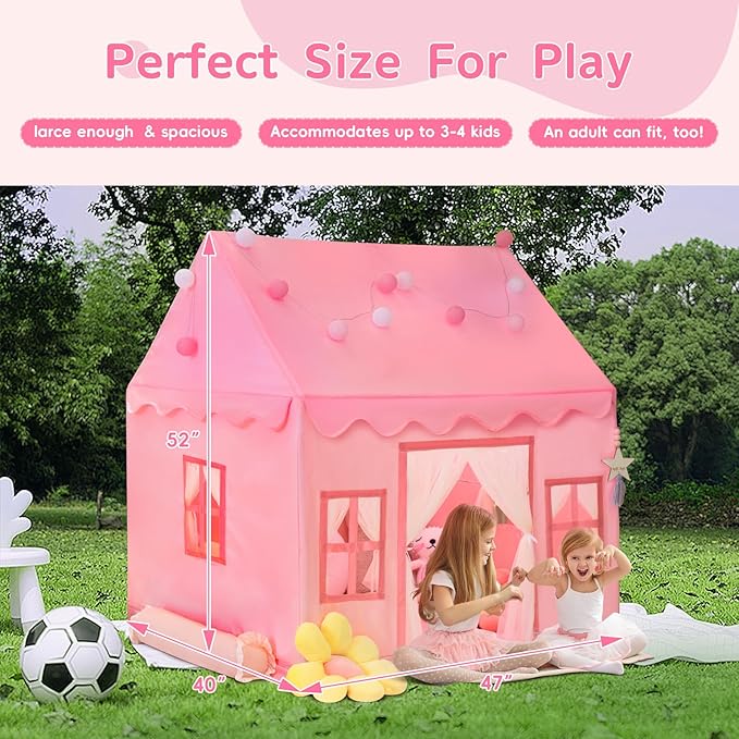 RONGFA Large Kids Tent Playhouse Padded Mat with Star Lights, Flags and Tote Bags, Play Tent Indoor & Outdoor, Washable Teepee Tent for Boys & Girls, Kids Play House for Toddler（Pink）