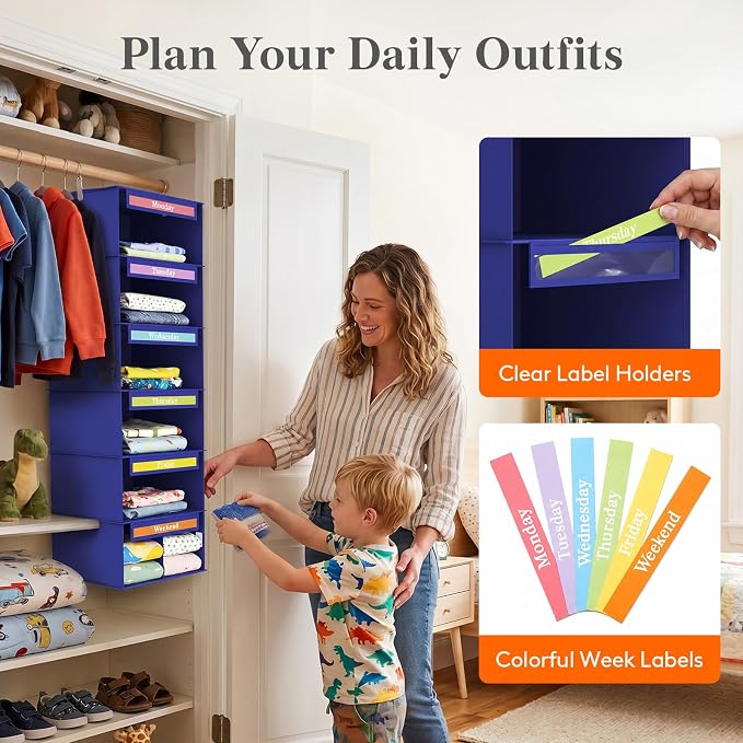 Lifewit 6 Shelf Weekly Clothes 0rganizer for Kids, Baby Hanging Closet Storage with Color Labels for School Outfits, Todder Daily Clothing Divider with Days of The Week Monday to Friday Weekend, Blue