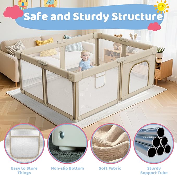 Foldable Baby Playpen: 79??x 71??Super Large Playpen for Babies and Toddlers - Portable Play Pen for Babies with Breathable Mesh & 2 Pulling Handle - Baby Play Yard for Outdoor & Indoor