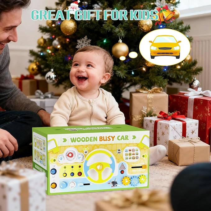 Montessori Busy Board Car Steering Wheel Toy for Toddlers 1-3, Wooden Sensory Activity Board with Light Sound, Educational Toys for Fine Motor Skills, Birthday Gift for Boys Girls