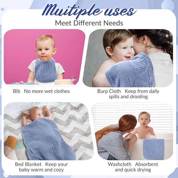 Hahafelt 6 Pcs Muslin Hooded Bath Towels Washcloths and Bibs Set, Muslin Cotton Baby Towels Absorbent Hooded Blanket Towel Infant Bibs for Boys Girls Newborn Infant Essential(Dark Blue, Light Blue)