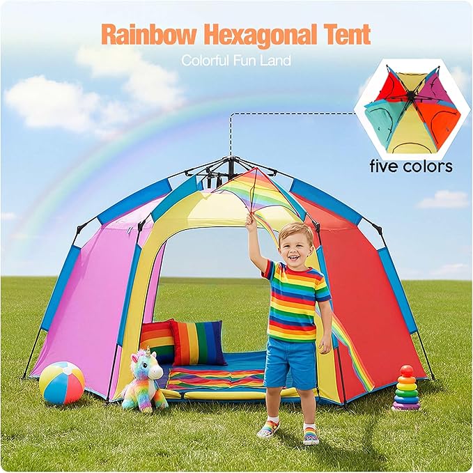 Portable Hexagon Kids Play Tent with LED Strip Lights Indoor Children Play House Easy Set-up Space Dream Tent for Night 4-5 Person Large Tents & Birthday Gifts