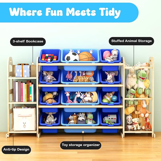 Kids Toy Storage Organizer, Toy Organizers and Storage with Stuffed Animal Storage, Toy Storage Shelf with 3 Shelves, 12 Storage Bins, Kids Bookshelf, Toy Holder for Playrooms, Bedrooms, Blue