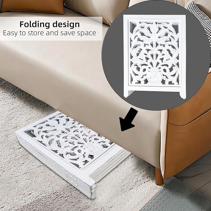 Lightnpro Foldable Carved Wooden Dog Gate 72 Inch - Pre Assembled Freestanding Indoor Pet Barrier for Home, Adjustable Dog Fence for Stairs, Doorways & Hallways - 24x18 Inch (4 Panels) Antique White