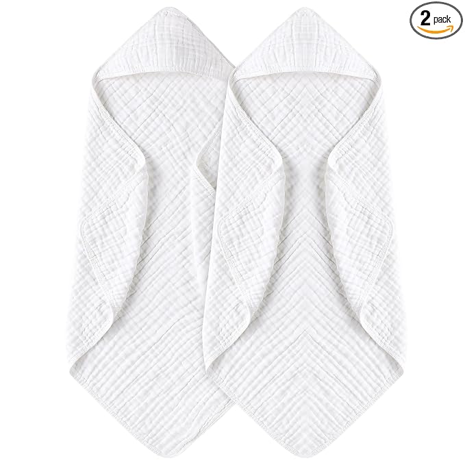 Yoofoss Hooded Baby Towels for Newborn 2 Pack 100% Muslin Organic Cotton Baby Bath Towel with Hood for Babies, Infant, Toddler and Kids, 32x32Inch, Soft and Absorbent Newborn Essential,White-2 Pack
