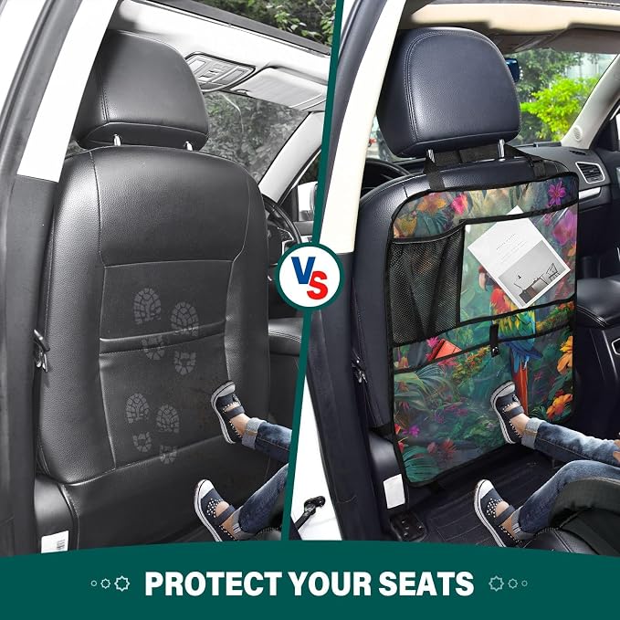 JIPONI Car Backseat Organizer, Parrot Macaw Tropical Automotive Back Seat Protector, Kick Mats with Storage Pockets for Kids Pets, Road Trip Accessories (2 Pack)