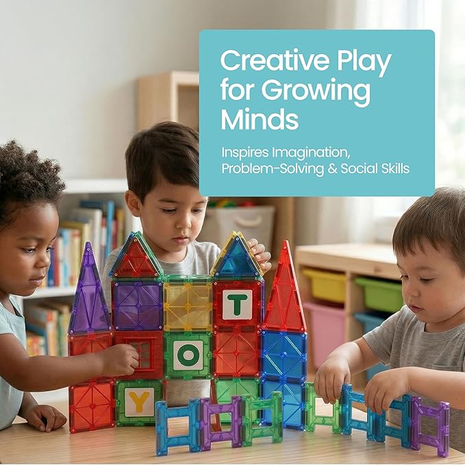 Playmags Magnetic Tiles for Kids 150-Piece Set, STEM Educational Building Blocks Toys for Kids, Includes Click-in ABC Learning Tiles, Gift for Boys & Girls, Add on Magnetic Figures, Car Set Available