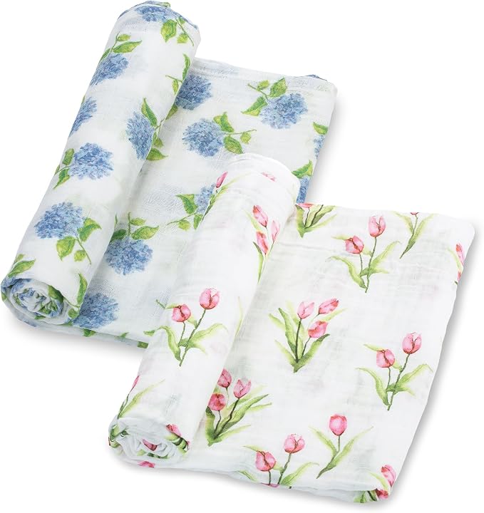 LollyBanks Muslin Swaddle Blankets 2 Pack, 100% Cotton Baby Blanket for Girls, Soft and Breathable 47 x 47 Inches Newborn Swaddle Blanket, Newborn Essentials Must Haves (Hydrangea and Tulip)