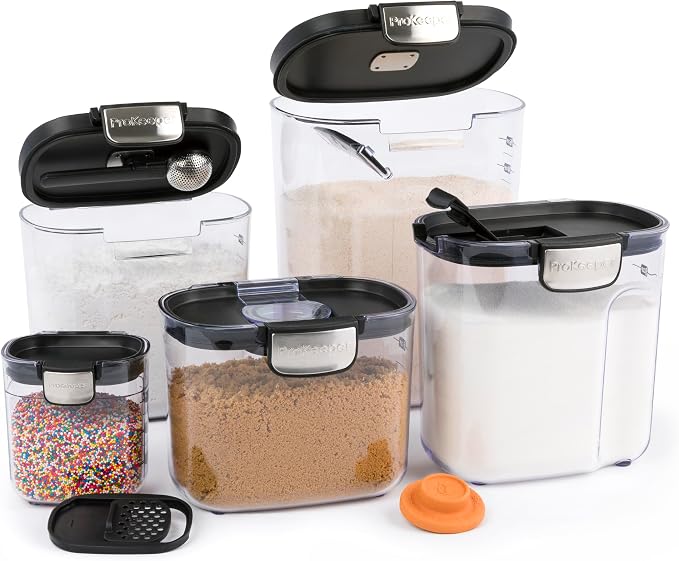 ProKeeper+ Airtight Food Storage Container Set – Clear Plastic Flour and Sugar Canister Set with Magnetic Accessories for Kitchen Organization (Black, 9-Piece)