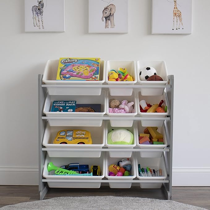 Humble Crew Kids Toy Storage Organizer with 12 Plastic Bins, Grey/White ??Removable Bins for Playroom, Bedroom, Toddler Furniture for Boys and Girls Ages