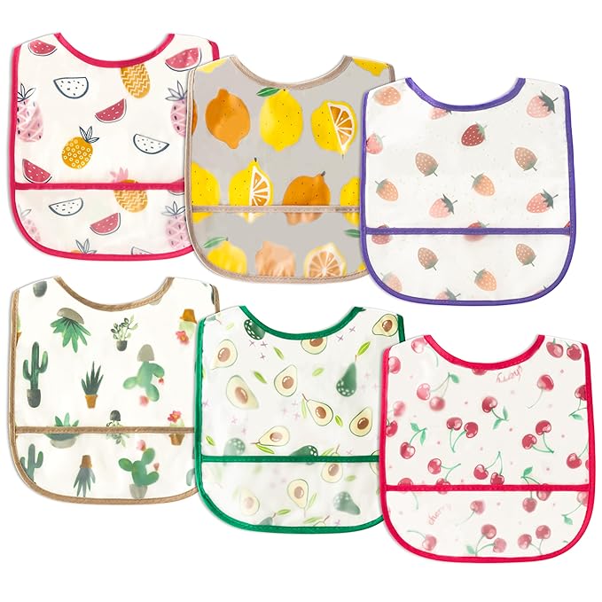 6Pcs Baby Bibs for Eating Toddler Feeding Bibs with Crumb Catcher Pocket Fruit Adjustable Sleeveless Teething Plastic Food Bib Set Waterproof Infant Keepsake Gift for Baby Shower, 6-24 Months