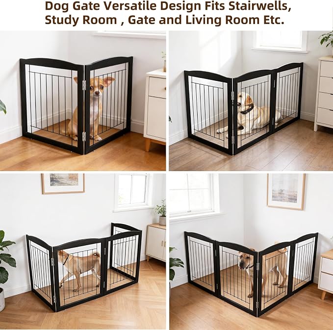 ZJSF Freestanding Foldable Dog Gate for House Extra Wide Wooden Indoor Puppy Gate Stairs Doorways Pet Gate Tall Dog Fence 2 Panels Fence Black
