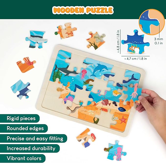 BONNYCO Wooden Puzzles for Kids Ages 4-6 and 3-5. Set of 6 Jigsaw Puzzles 24 Pieces with Board, Animals from Diverse Ecosystems. Educational Toys, Learning Gifts for Boys, Girls