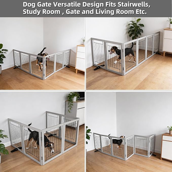 Dog Fence Indoor - 6-Panel Freestanding Dog Gate for Doorways, Hallways, House or Stairs -120x32-Inch Retractable Foldable Expandable Wood Pet by SFJC (Grey)